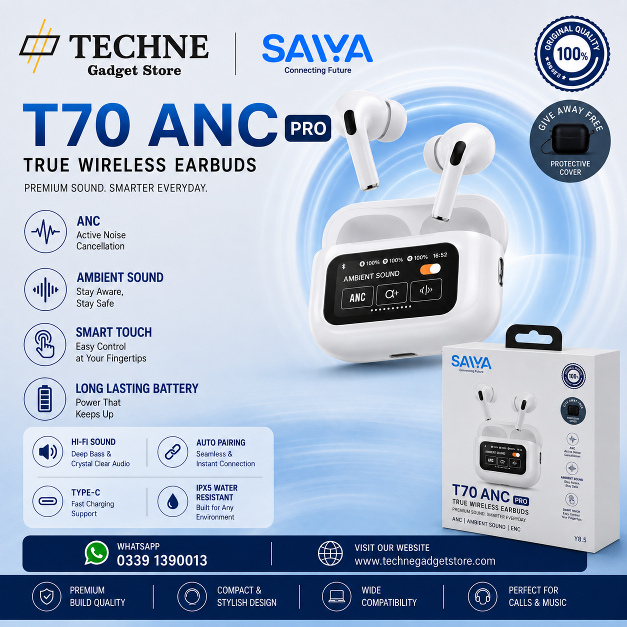 Saiya T70 Pro ANC Airpods With Touch Display Control Screen