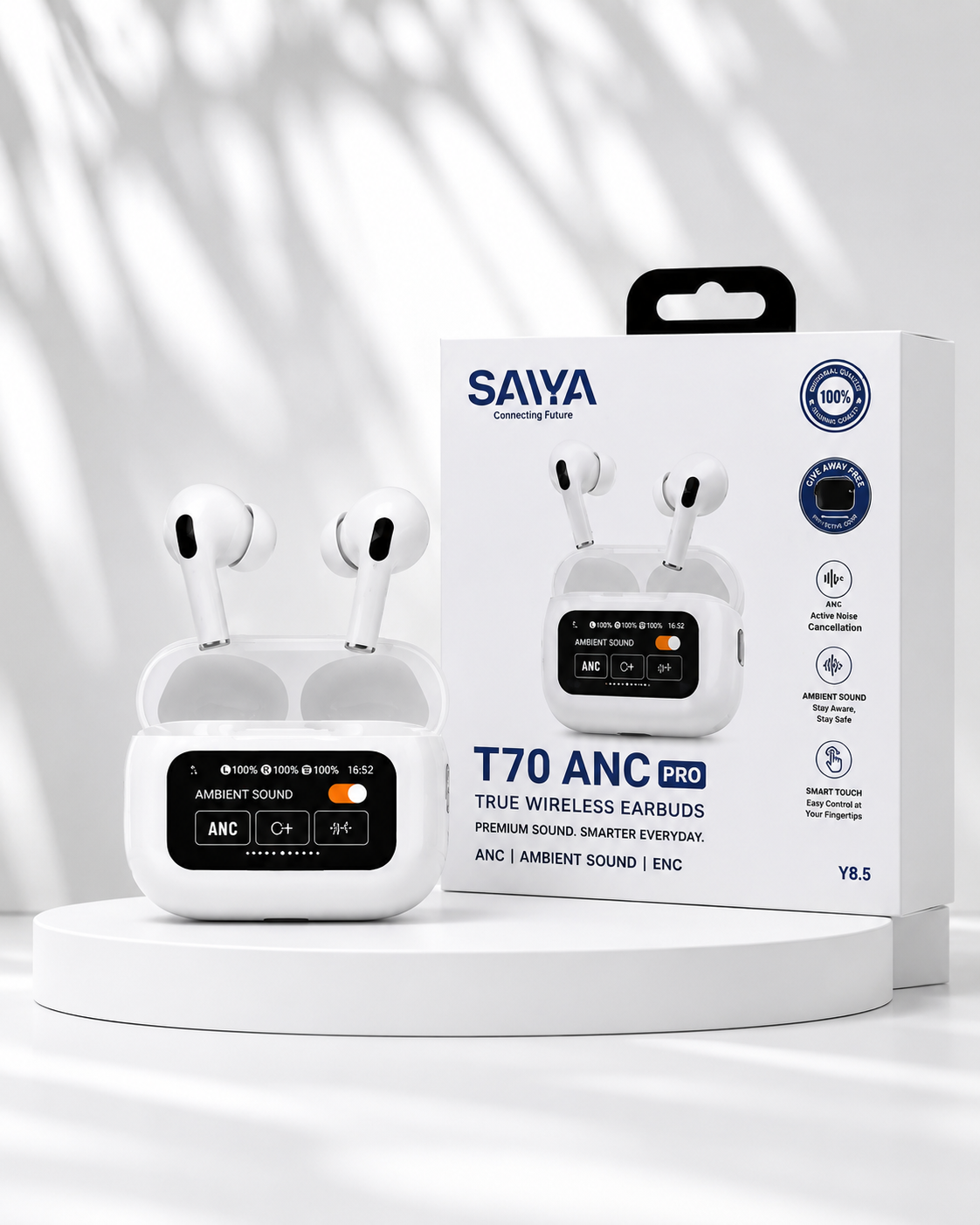 Saiya T70 Pro ANC Airpods With Touch Display Control Screen
